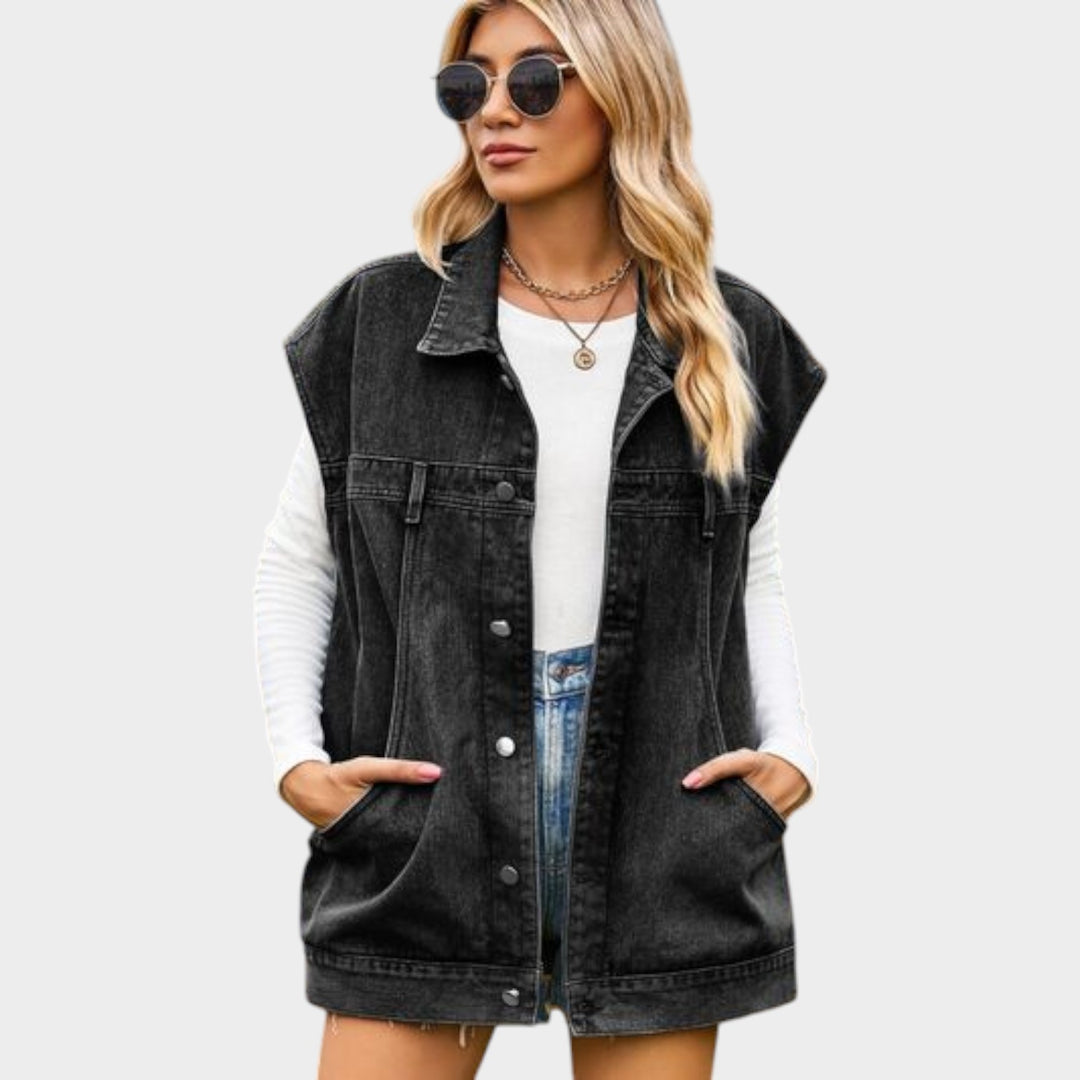 Button-Front Sleeveless Denim Vest