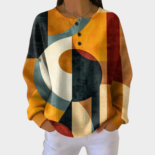 Women’s Sweatshirt Artistic Print Design Button Detail