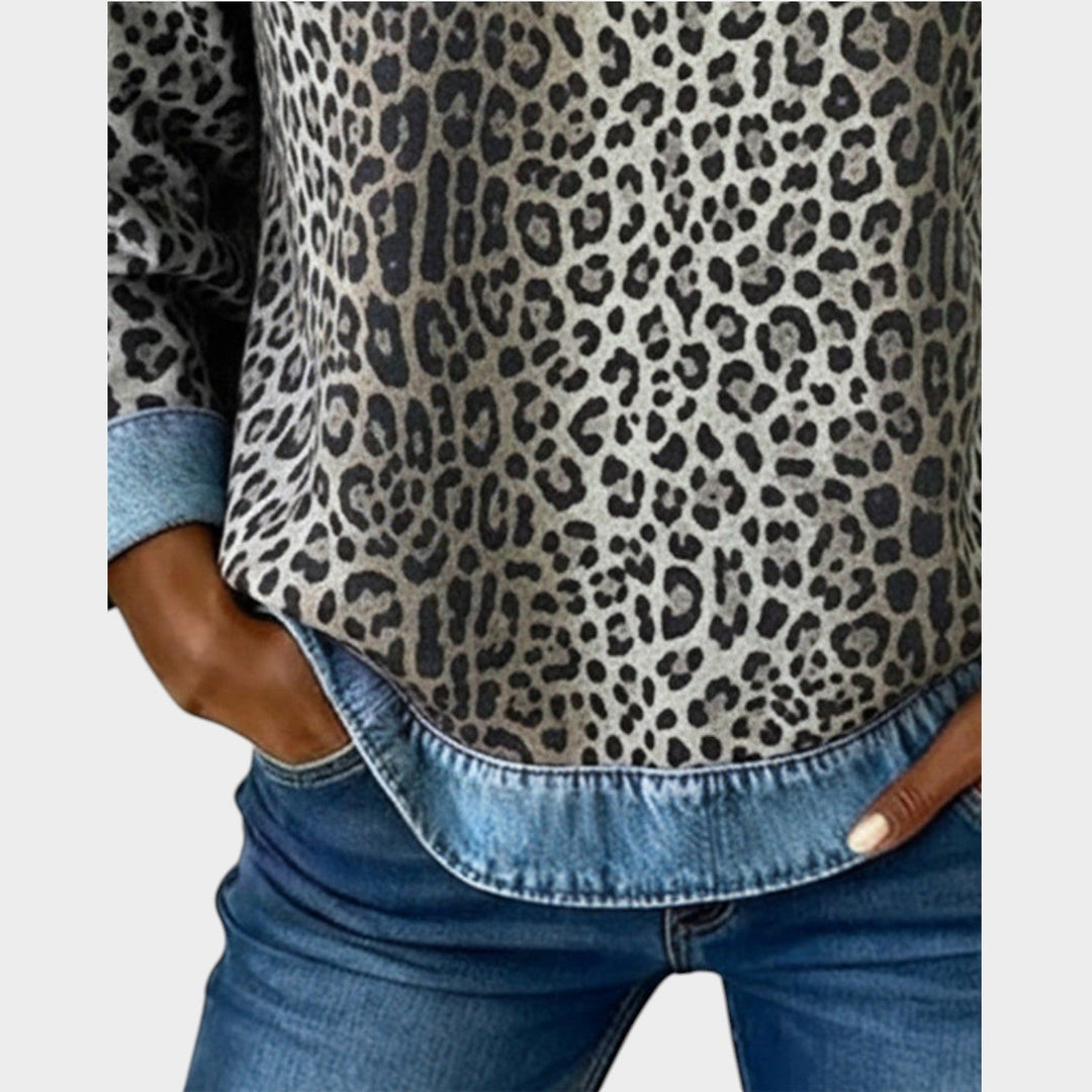 Women’s Sweater Leopard Print Denim Trim Relaxed Fit
