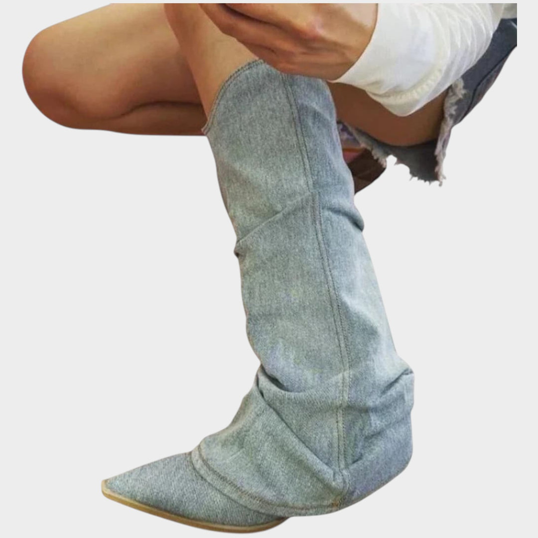 Women’s Denim Knee High Slouch Boots Insulated Flat Heel