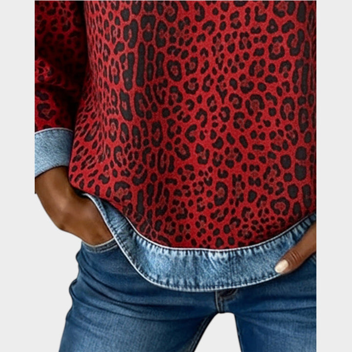 Women’s Sweater Leopard Print Denim Trim Relaxed Fit
