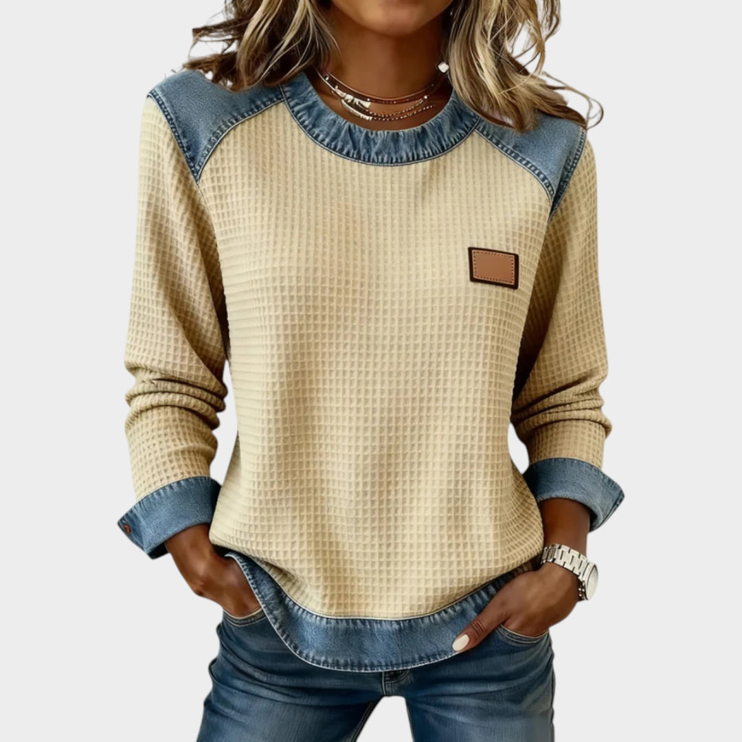 Women’s Patchwork Sweatshirt Waffle Texture Casual Style