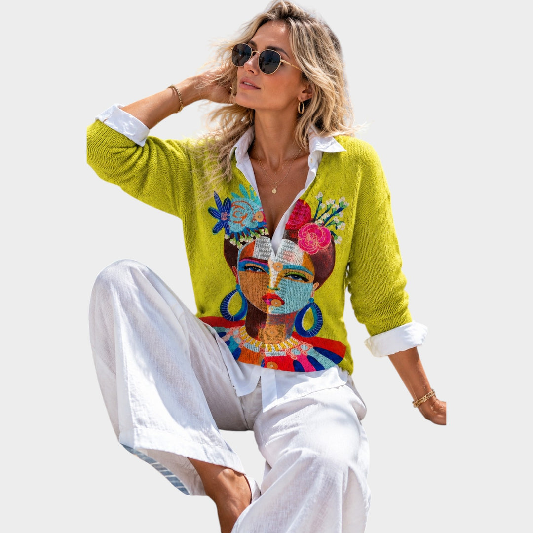 Women’s Knit Cardigan Art Print Button Front