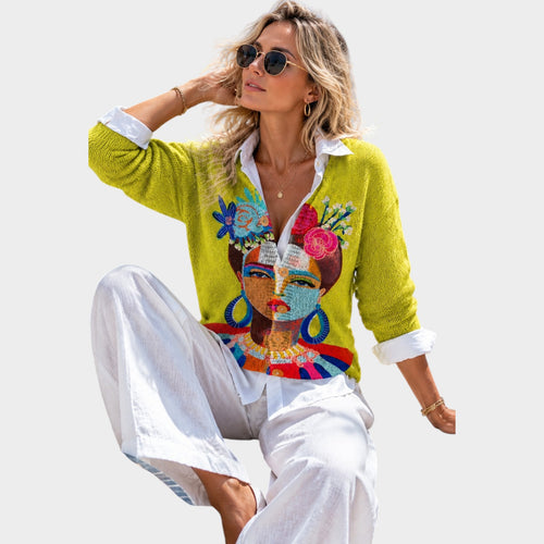Women’s Knit Cardigan Art Print Button Front