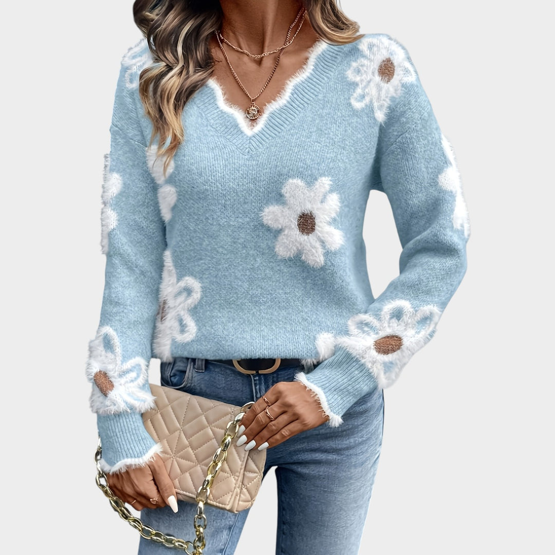Women’s Knit Sweater Floral Pattern Long Sleeve Classic Style