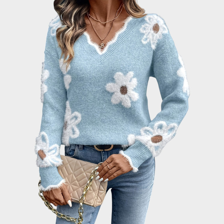 Women’s Knit Sweater Floral Pattern Long Sleeve Classic Style