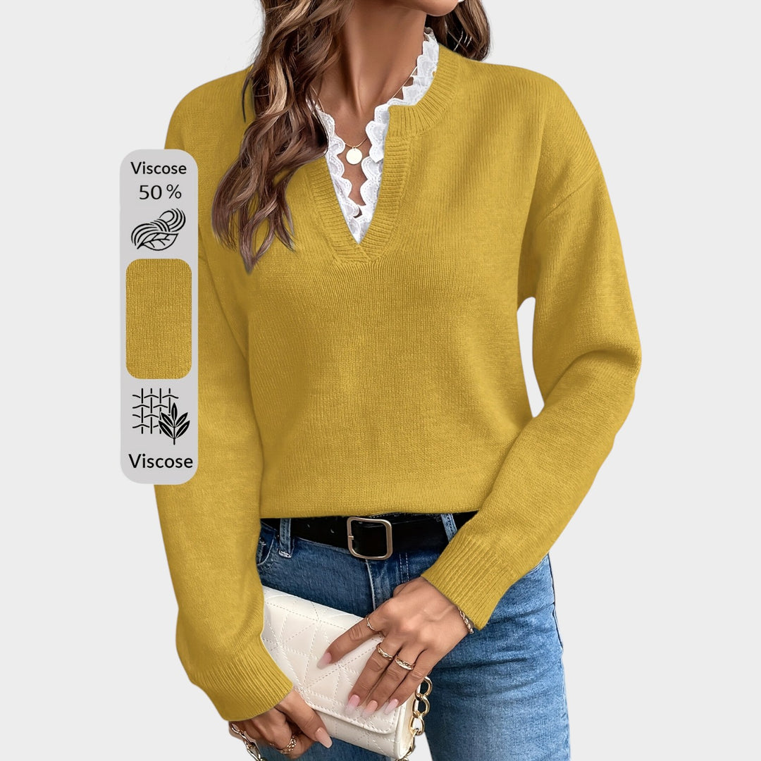 Women’s Knit Sweater Lace Collar Drop Shoulder Long Sleeve
