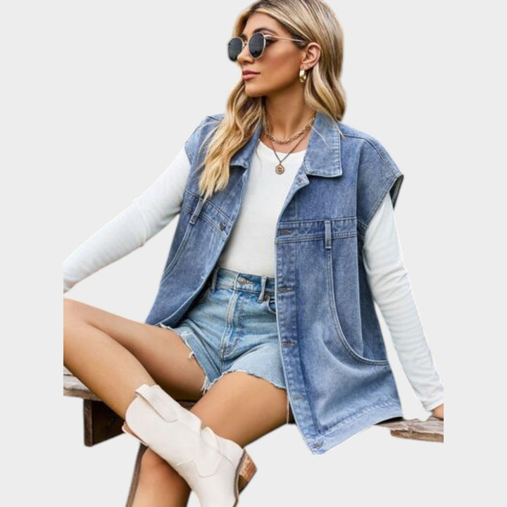 Button-Front Sleeveless Denim Vest