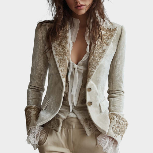 Women’s Ivory Blazer Embroidered Elegant Tailored Jacket