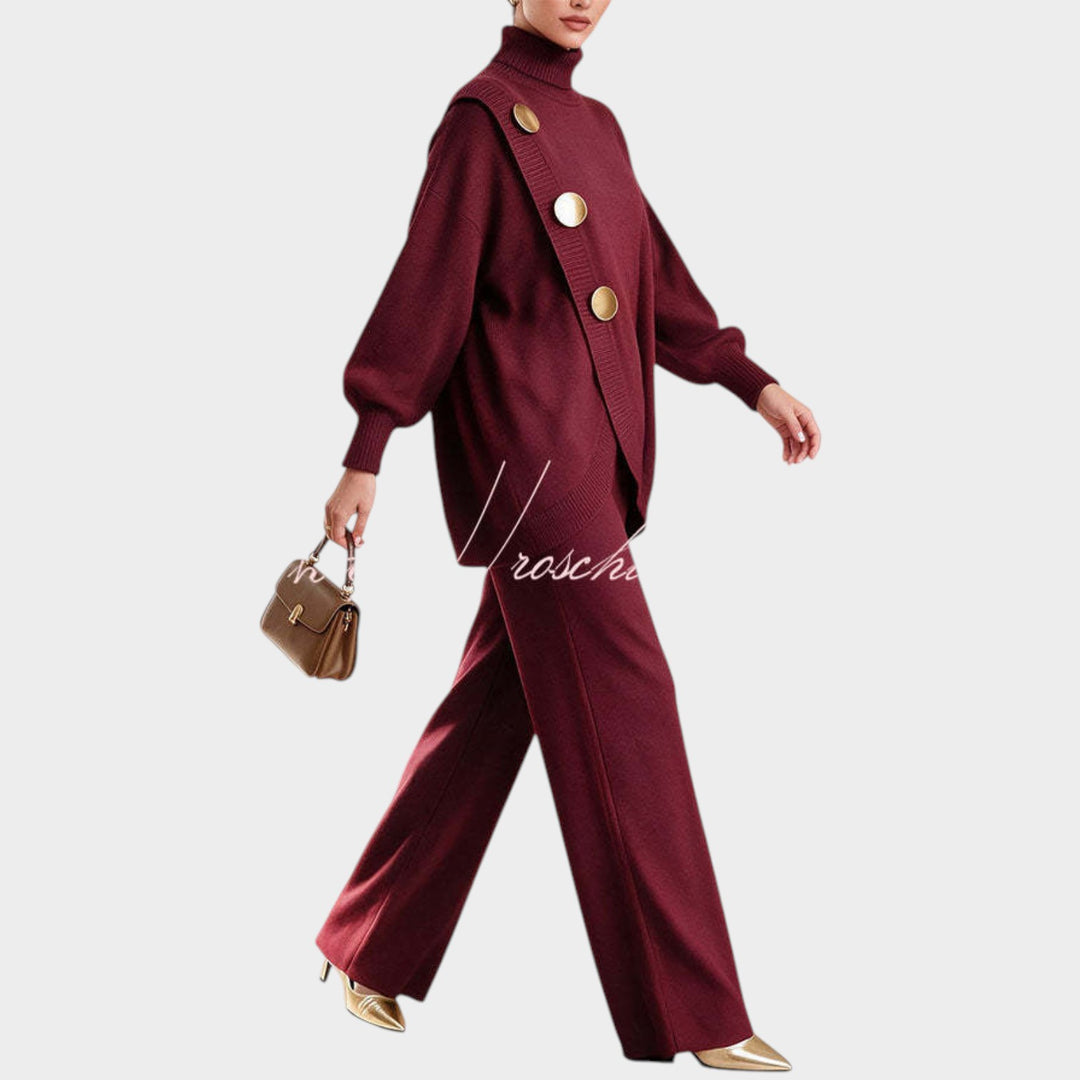 Women’s Knit Top and Pants Set Asymmetric Button Wide Leg