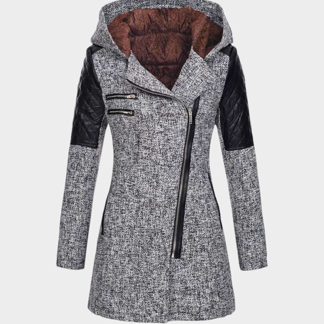 Women’s Hooded Coat Asymmetric Zip Front Quilted Sleeves