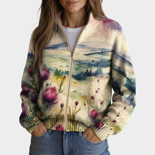 Women’s Knit Cardigan Landscape Print Zip Front
