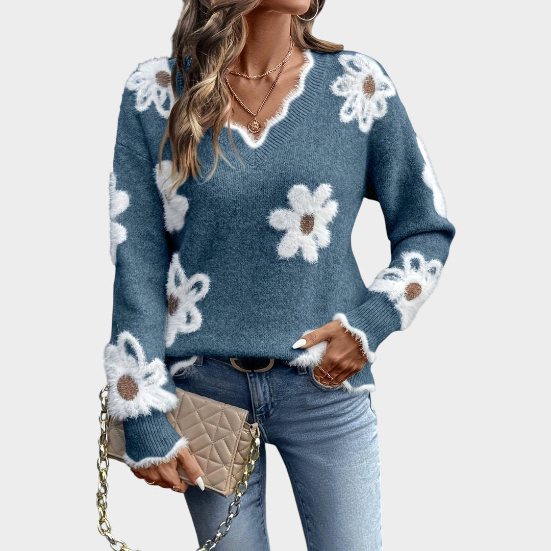 Women’s Knit Sweater Floral Pattern Long Sleeve Classic Style
