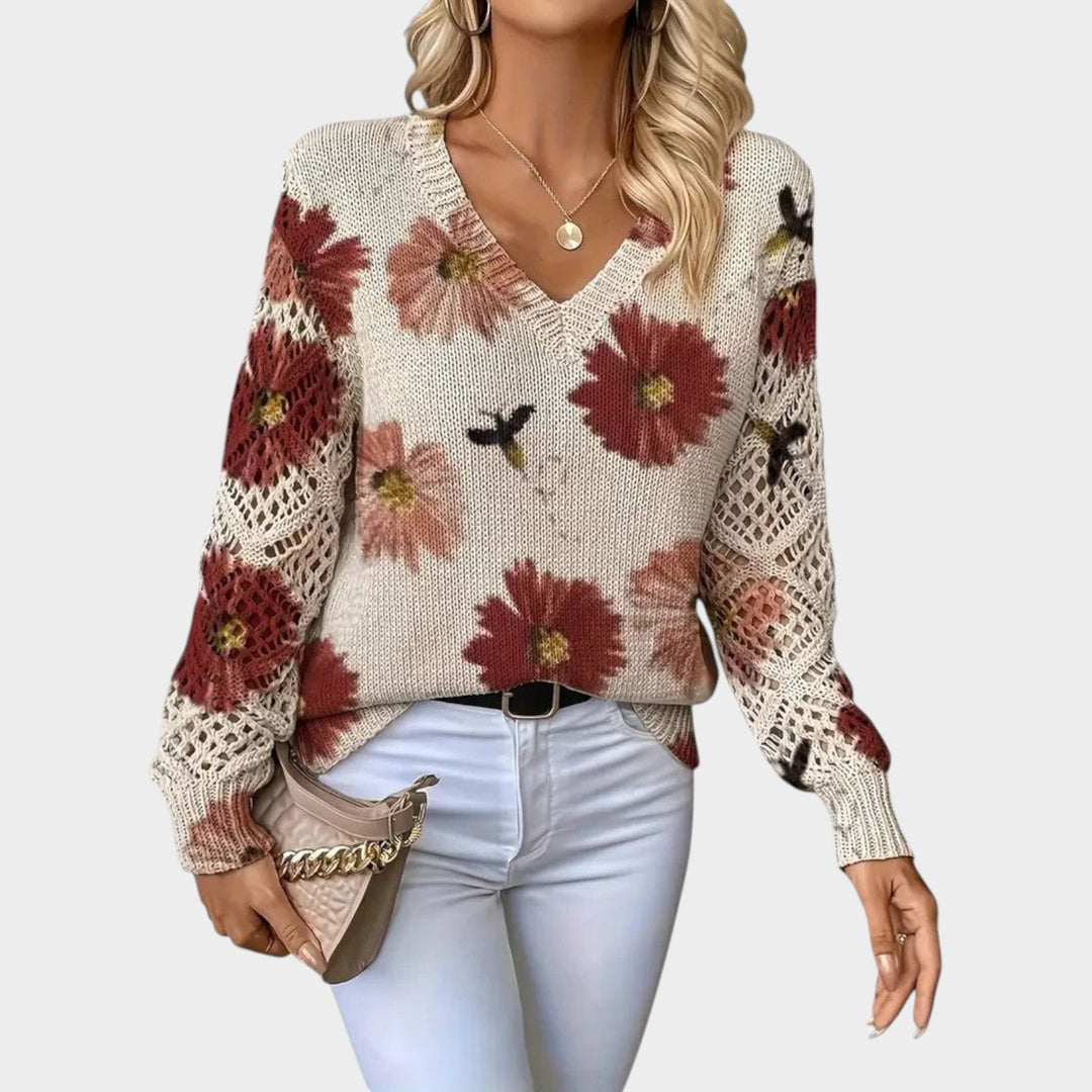 Women’s Floral Knitted Sweater Polished V Neck
