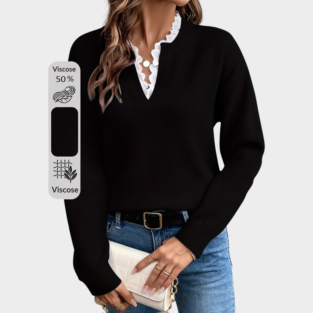 Women’s Knit Sweater Lace Collar Drop Shoulder Long Sleeve