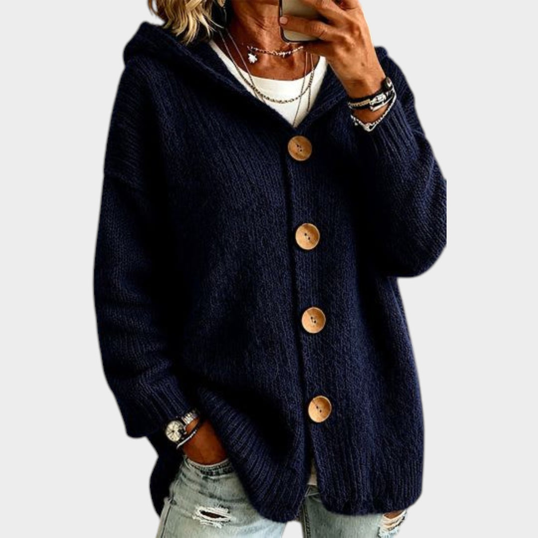 Women’s Hooded Knit Cardigan Button Front Relaxed Fit
