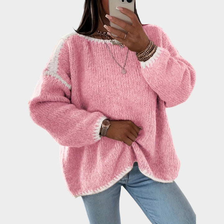 Women’s Knit Sweater Solid Contrast Boat Neck Loose Fit