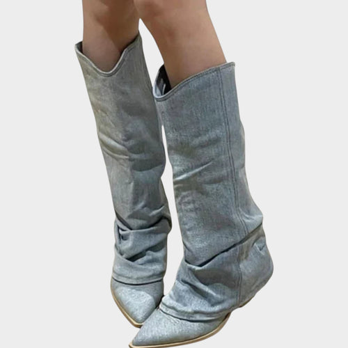 Women’s Denim Knee High Slouch Boots Insulated Flat Heel