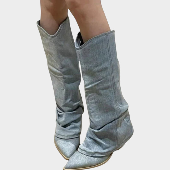 Women’s Denim Knee High Slouch Boots Insulated Flat Heel