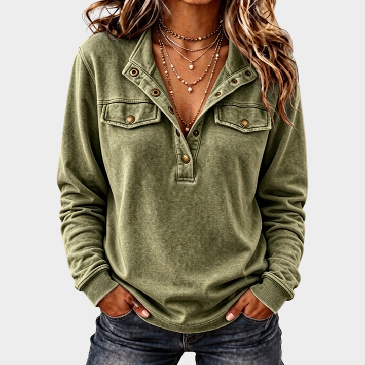 Women’s Cotton Sweatshirt Vintage Washed Snap Button Detail