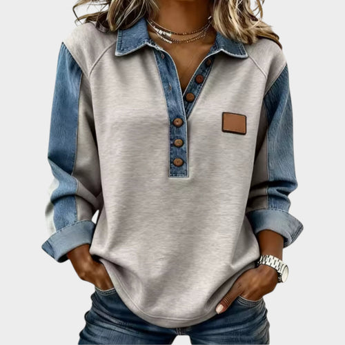 Women’s Polo Knit Sweater Button Detail Casual Fit Denim Trim