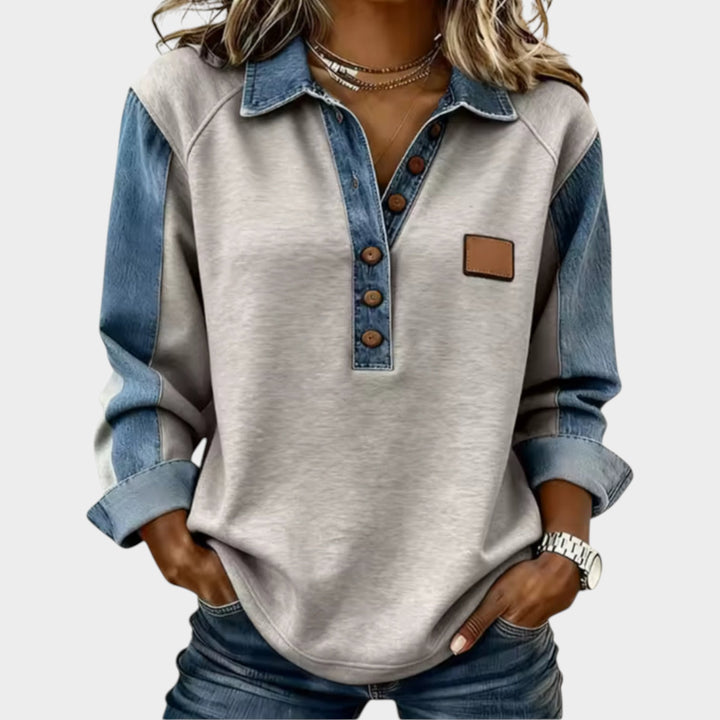 Women’s Polo Knit Sweater Button Detail Casual Fit Denim Trim