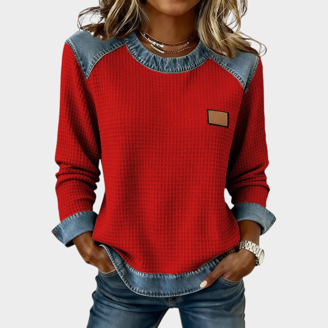 Women’s Patchwork Sweatshirt Waffle Texture Casual Style
