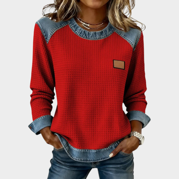 Women’s Patchwork Sweatshirt Waffle Texture Casual Style