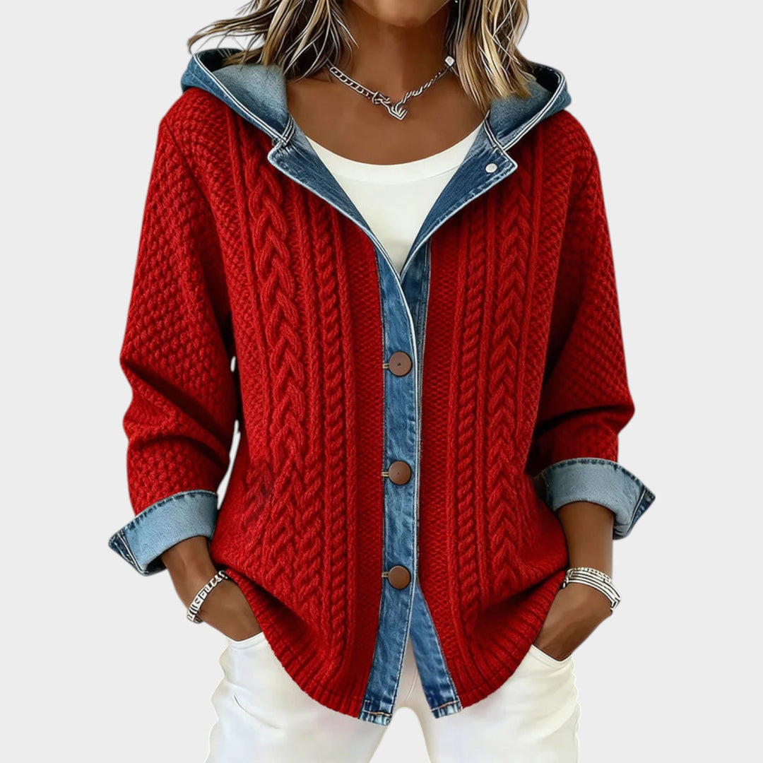 Women’s Cable Knit Cardigan Denim Trim Hooded