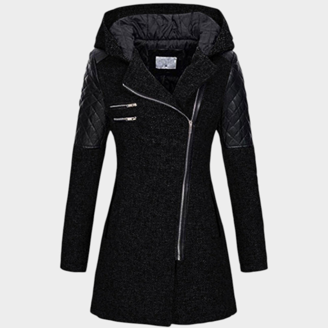 Women’s Hooded Coat Asymmetric Zip Front Quilted Sleeves