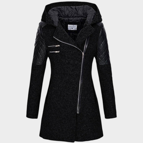 Women’s Hooded Coat Asymmetric Zip Front Quilted Sleeves