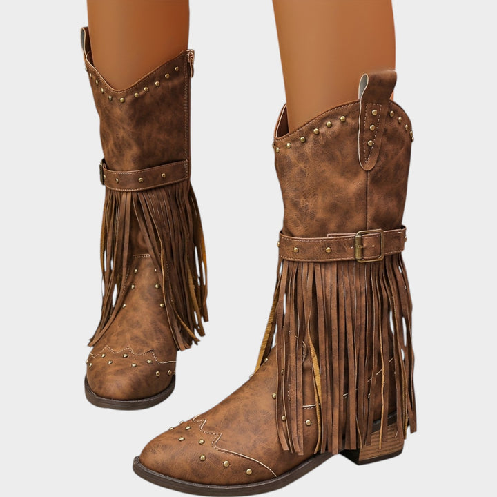 Women’s Cowboy Boots Leather Western Fringe Mid Calf Boots