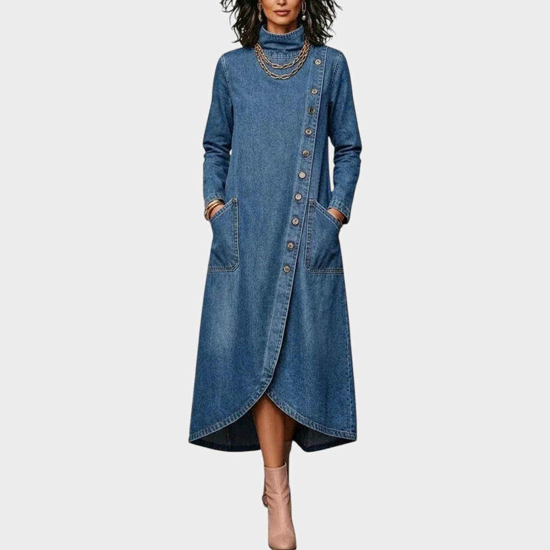 Women’s Denim Maxi Dress High Neck Diagonal Button Front