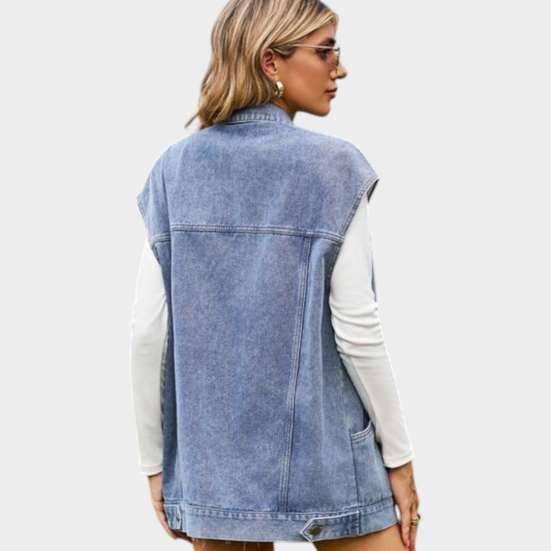 Button-Front Sleeveless Denim Vest
