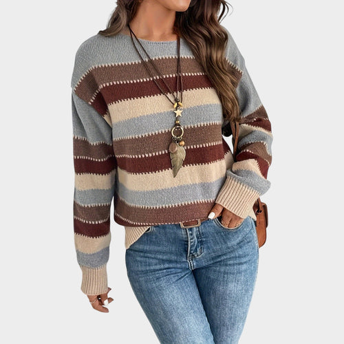 Women’s Knit Sweater Horizontal Stripe Round Neck Loose Fit