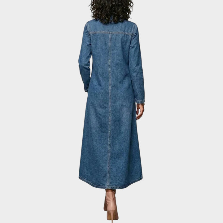 Women’s Denim Maxi Dress High Neck Diagonal Button Front
