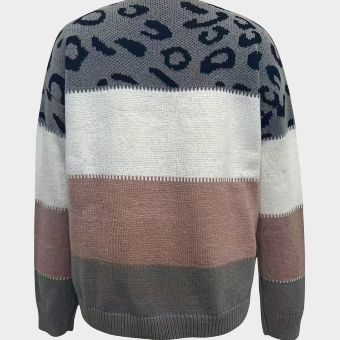 Women’s Knit Sweater Leopard Print Color Block Long Sleeve