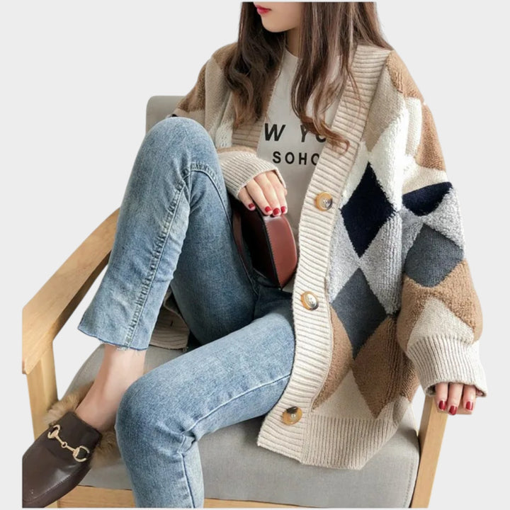 Women’s Knit Cardigan Plaid Pattern V-Neck