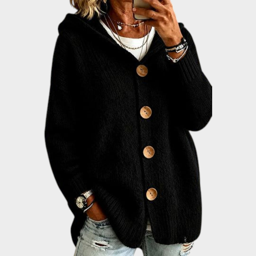Women’s Hooded Knit Cardigan Button Front Relaxed Fit