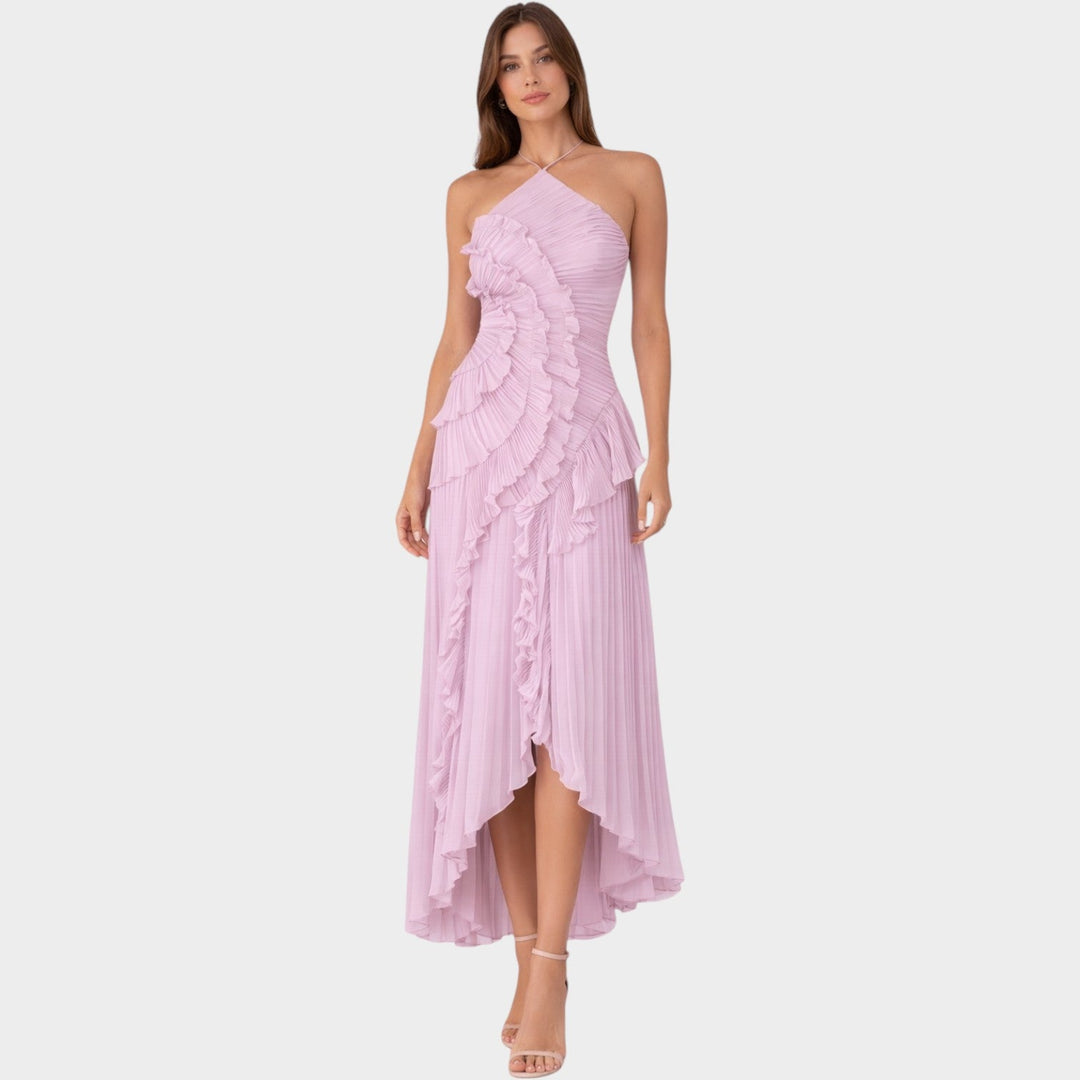 Formal Pleated Halter Neck Maxi Dress