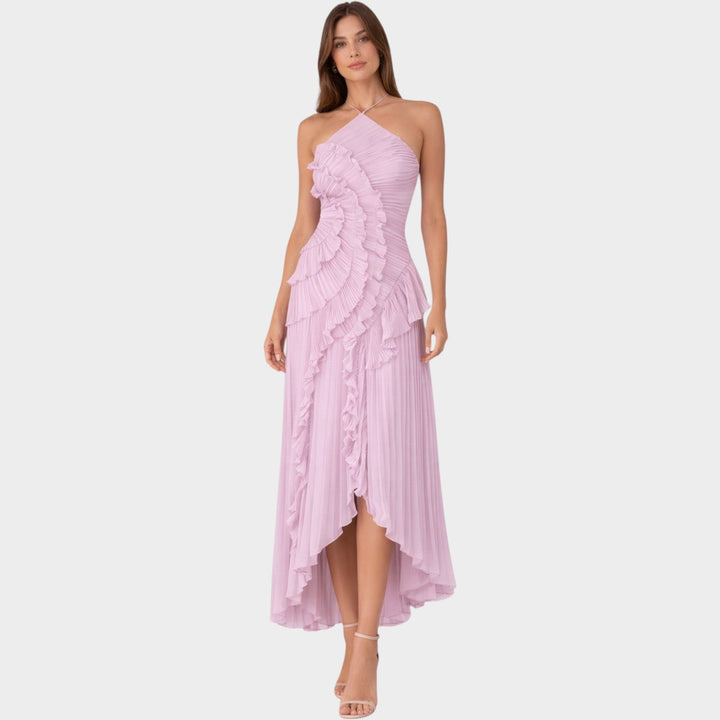 Formal Pleated Halter Neck Maxi Dress