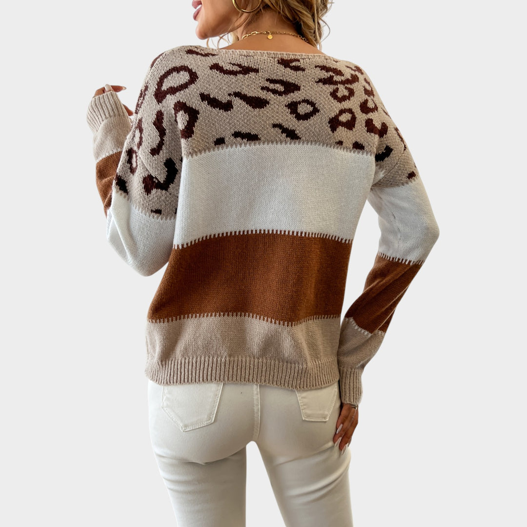 Women’s Knit Sweater Leopard Print Color Block Long Sleeve