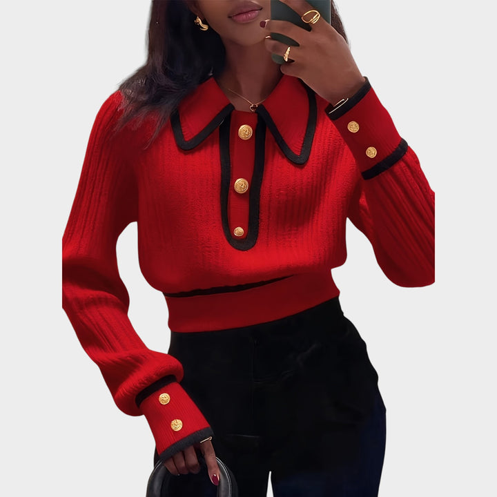 Women’s Knit Sweater Spliced Lapel Metal Button Detail