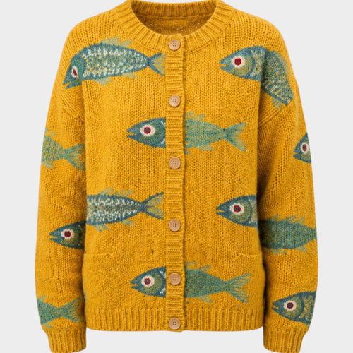 Women’s Knit Cardigan Fish Pattern Button Front