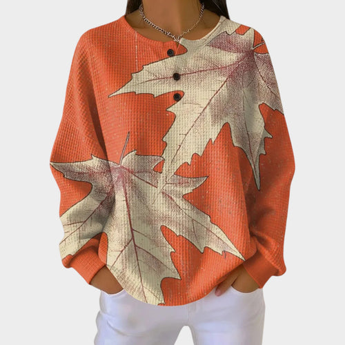 Women’s Sweatshirt Printed Top Autumn Leaf Button Neck