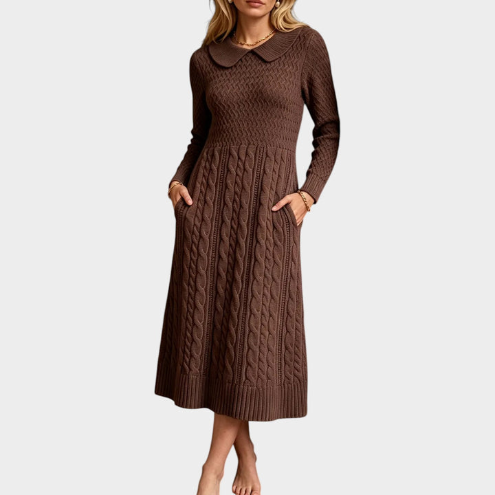 Women’s Cable Knit Sweater Dress Collared Midi Style