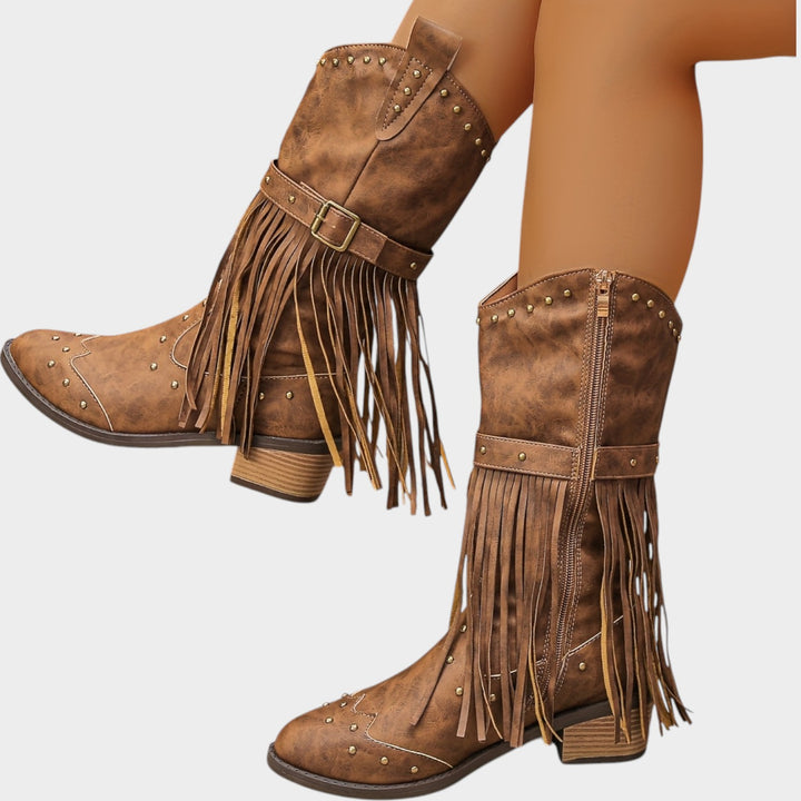 Women’s Cowboy Boots Leather Western Fringe Mid Calf Boots