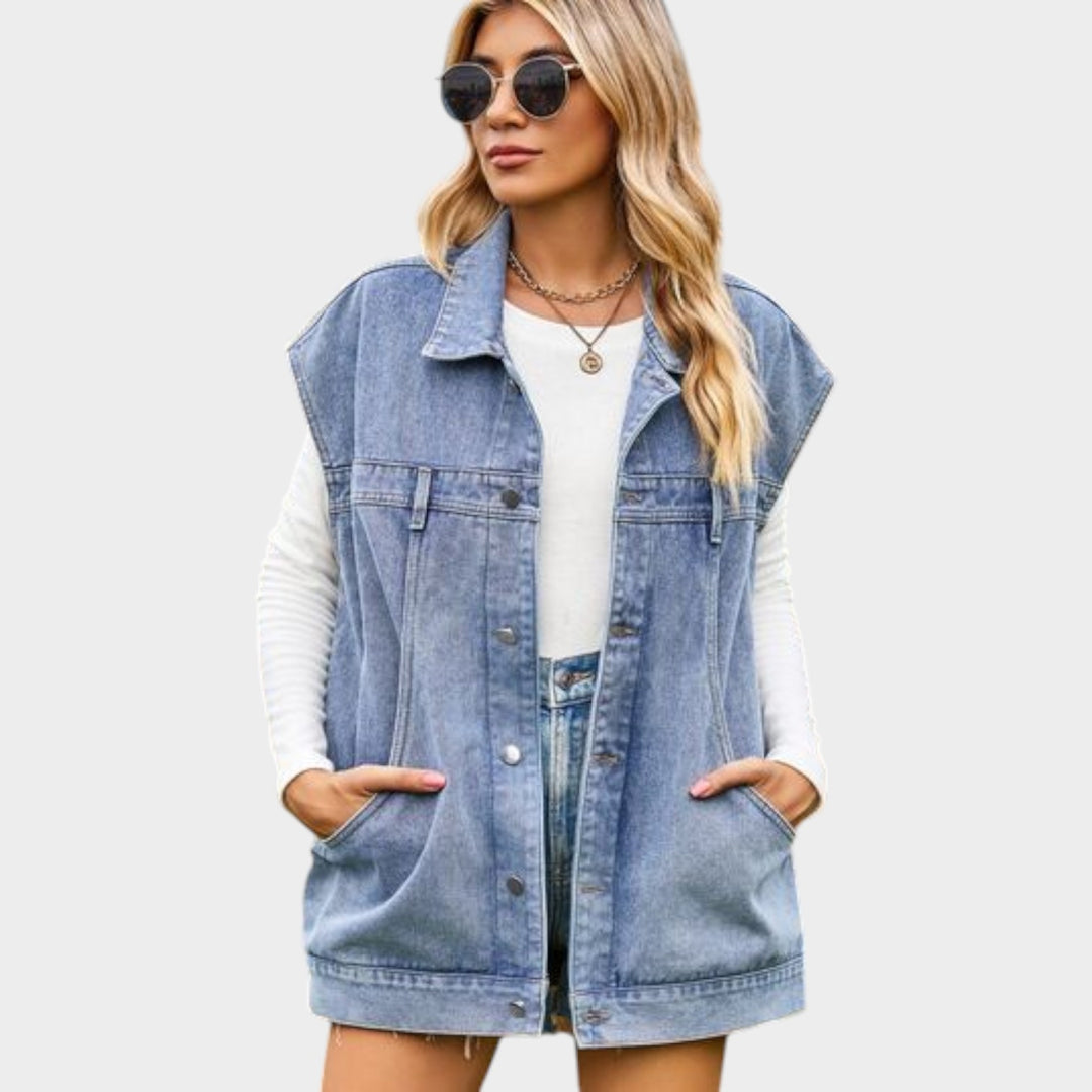 Button-Front Sleeveless Denim Vest