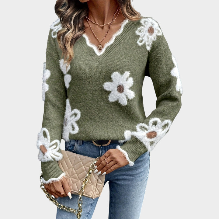 Women’s Knit Sweater Floral Pattern Long Sleeve Classic Style