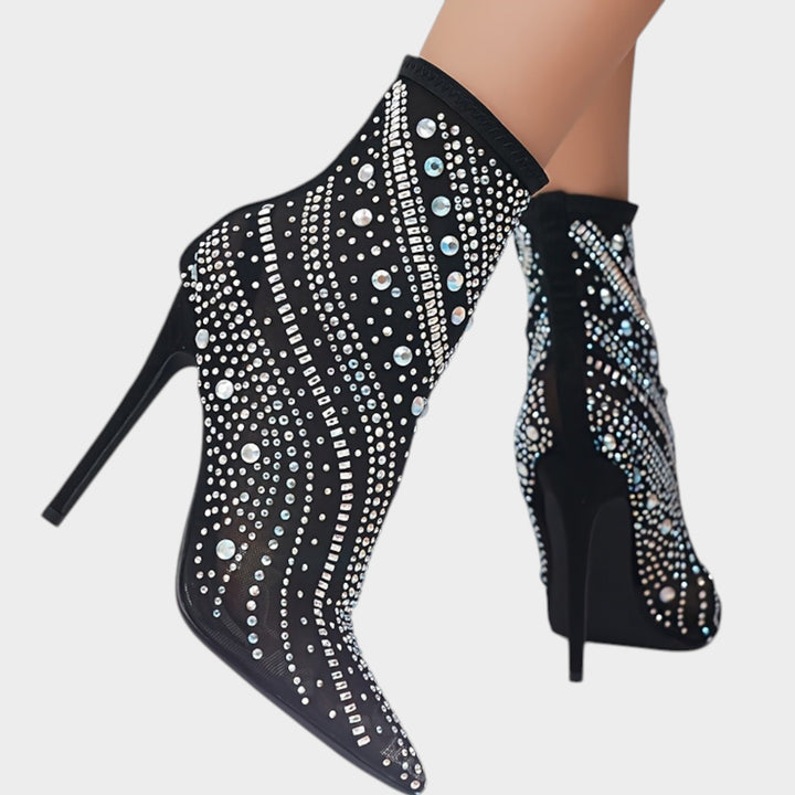 Women’s Sparkling Heels Pointed Toe Crystal Embellished Mesh